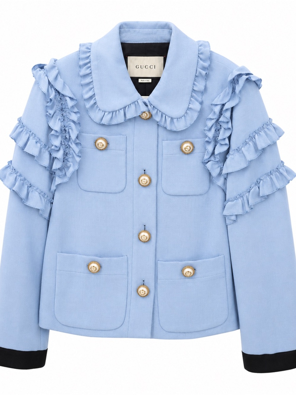 🚩steal Gucci  Light Blue Ruffle-Trim Pearl Button Jacket
